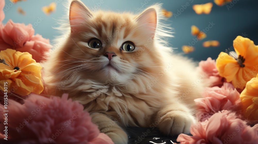 Fat fluffy happy cat sleeps on yellow moon floating in air with a big goldfish, pink clouds, red heart shape, small blue fishes. Good night, I love you, lazy days. 3d render isolated on white backdrop Fat fluffy happy cat sleeps on yellow moon floating in air with a big goldfish, pink clouds, red heart shape, small blue fishes. Good night, I love you, lazy days. 3d render isolated on white backdrop