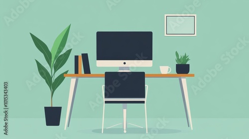 Modern home office workspace with a computer, table, plant, chair, and cup on an isolated green background. Suitable for remote work, freelancing, or teaching. Flat cartoon style vector illustration.