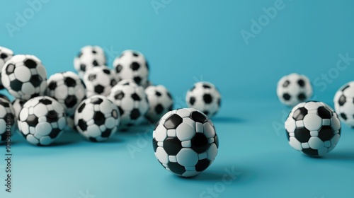 Soccer balls ona blue background. 3d render with copy space