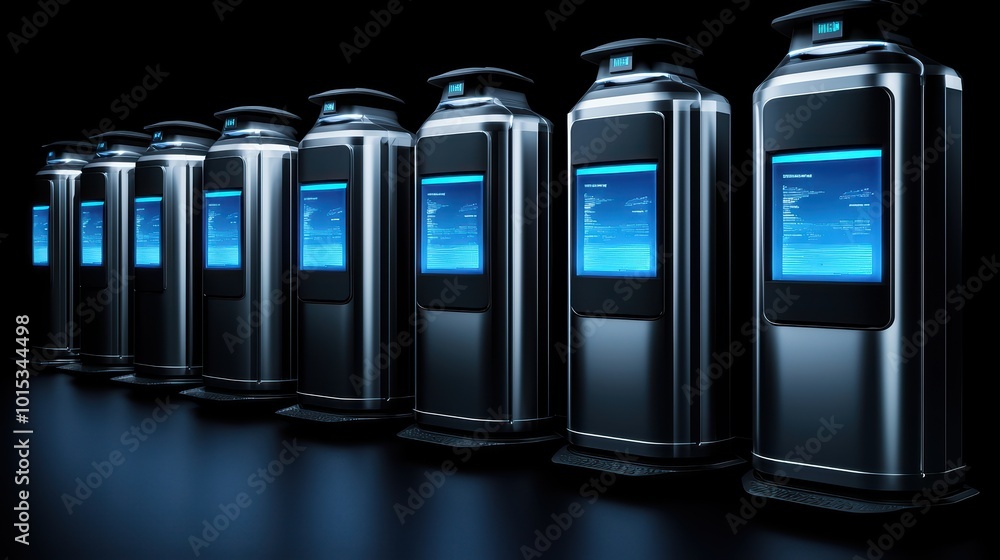 Futuristic vending machines lined up, displaying digital screens, sleek design, on a dark reflective surface. Futuristic vending machines lined up, displaying digital screens, sleek design, on a dark reflective surface.