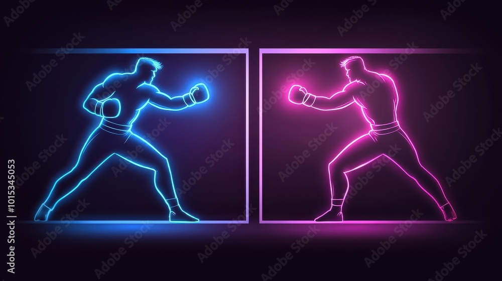 Neon boxing silhouettes in blue and pink, creating a dynamic atmosphere with contrasting colors and light. Neon boxing silhouettes in blue and pink, creating a dynamic atmosphere with contrasting colors and light.