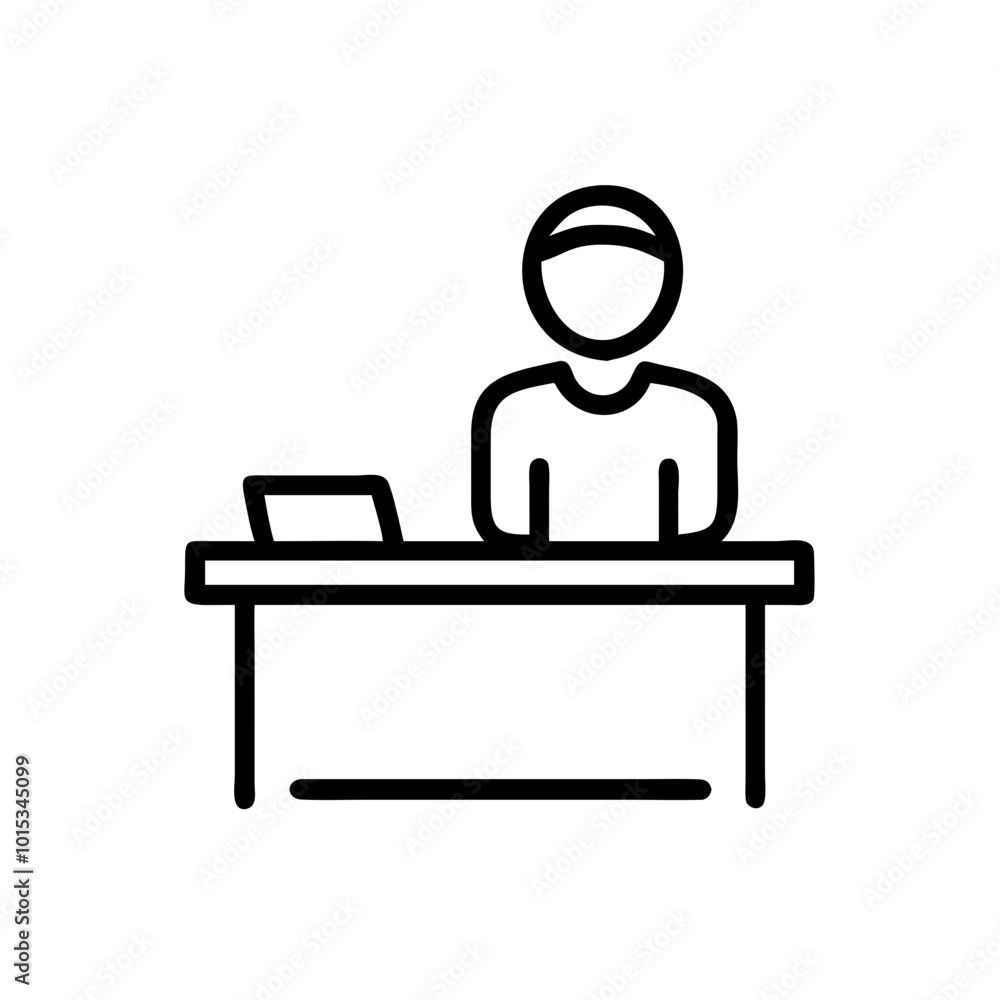 Office worker icon sitting at a desk with a laptop, minimalistic design, black and white, copy space Office worker icon sitting at a desk with a laptop, minimalistic design, black and white, copy space