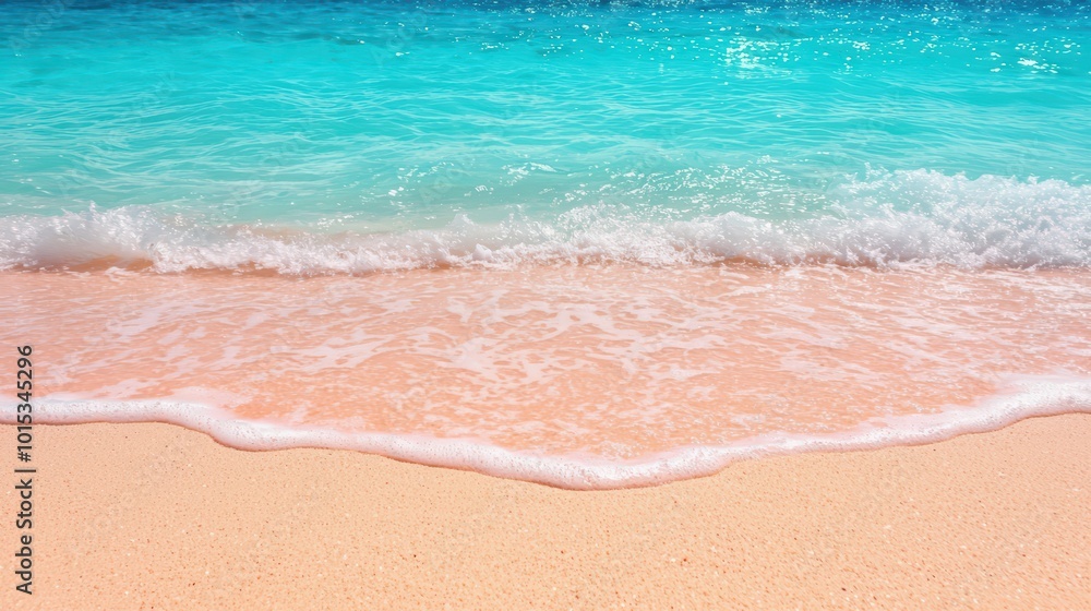 Serene beach scene with gentle waves lapping on soft pink sands under a clear blue sky. Serene beach scene with gentle waves lapping on soft pink sands under a clear blue sky.