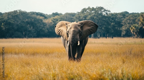 Big African elephant walking on savanna composition background  photo