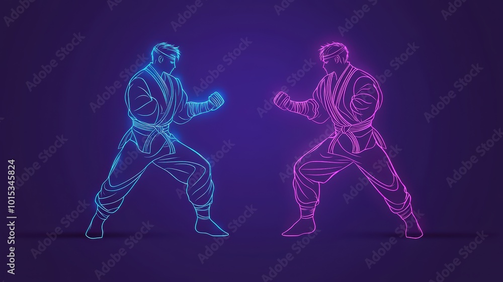 Stylized neon silhouettes of two fighters in a martial arts stance on a dark background. Stylized neon silhouettes of two fighters in a martial arts stance on a dark background.