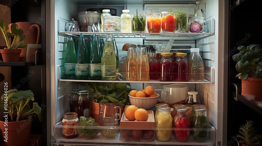 Fridge shelf full of different fresh and tasty food and drinks. Fridge shelf full of different fresh and tasty food and drinks.