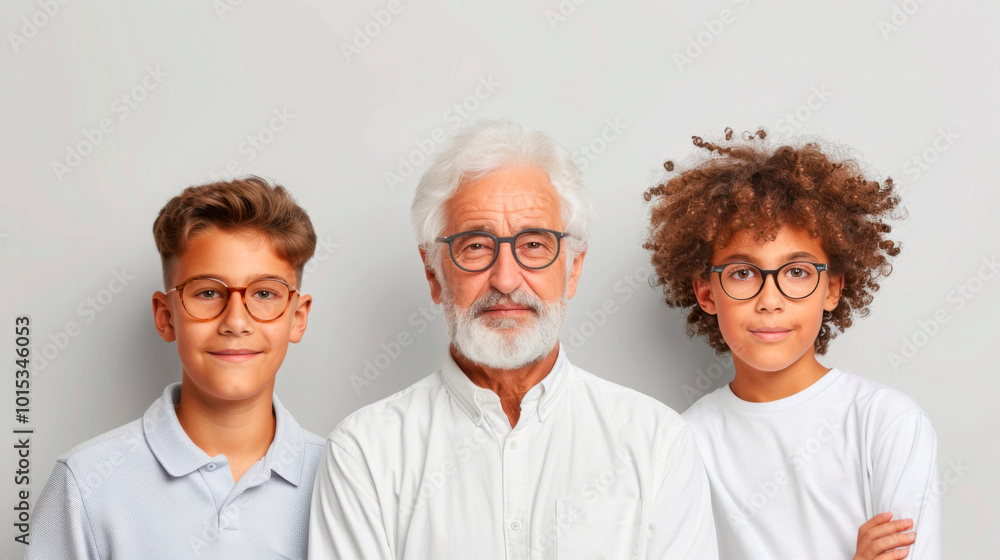 Portrait of a senior man and two boys, all wearing glasses, against a neutral background. Concept related to family generations, vision care, and healthcare. Suitable for campaigns about eyewear, heal Portrait of a senior man and two boys, all wearing glasses, against a neutral background. Concept related to family generations, vision care, and healthcare. Suitable for campaigns about eyewear, heal
