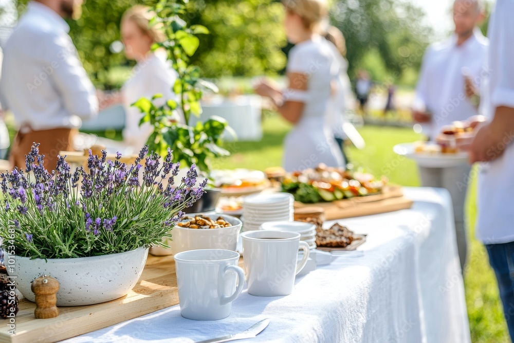 At a buffet lunch meeting on the hotel terrace, there is an assortment of food and beverage. In the background, there are unrecognizable people discussing food. At a buffet lunch meeting on the hotel terrace, there is an assortment of food and beverage. In the background, there are unrecognizable people discussing food.