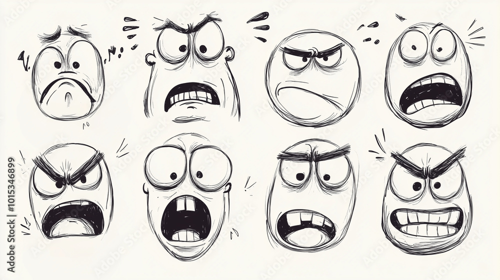 A chaotic and fun collection of cartoon faces, each showing a different mood with exaggerated expressions in a hand-drawn style. A chaotic and fun collection of cartoon faces, each showing a different mood with exaggerated expressions in a hand-drawn style.