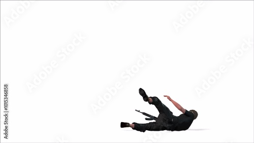 4k boy holding an AK-47 rifle and suddenly Died due to bullet injury animation with a cycle camera view on a white screen, The 3D character of a young boy on guard duty death motion render on white bc photo