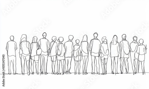 Group of people continuous one line  drawing. Family, friends hand drawn characters. Crowd standing at concert, meeting. Women and men waiting in queue. Minimalistic contour, Generative AI