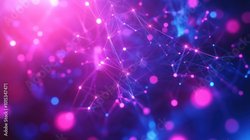 Vibrant abstract image of a digital network with glowing connections on a blue-purple background.