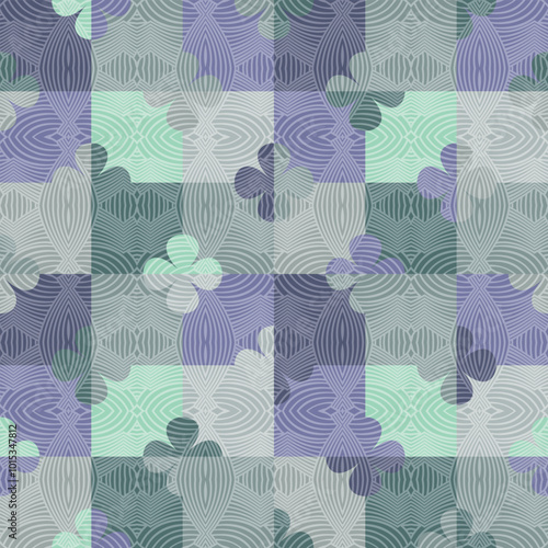 Abstract geometric seamless vector pattern with flowers on a colourful chessboard in retro style. Decorative floral grid texture for wallpaper, home decor and fashion fabrics