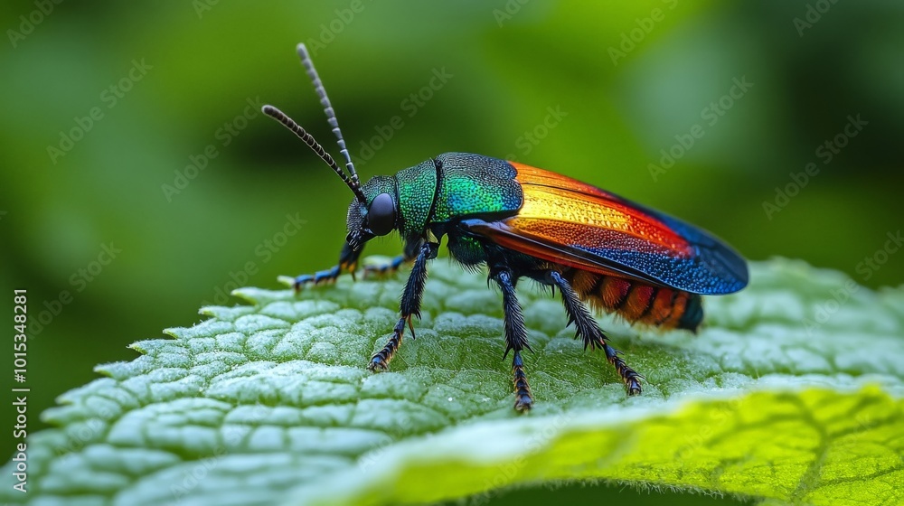 Naklejka premium Vibrant Beetle Resting on Lush Green Leaf