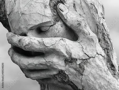 Abstract Stone Sculpture of Hands Covering Face 