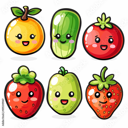 A cartoon drawing of fruits and vegetables. Cute Cartoon icon character simple vector illustration