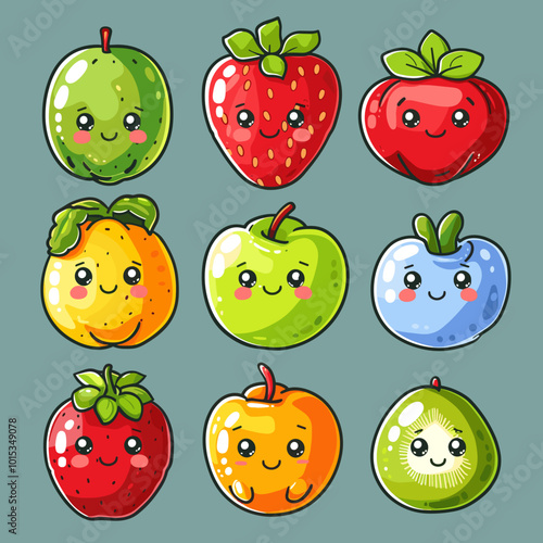 A cartoon drawing of fruits and vegetables. Cute Cartoon icon character simple vector illustration