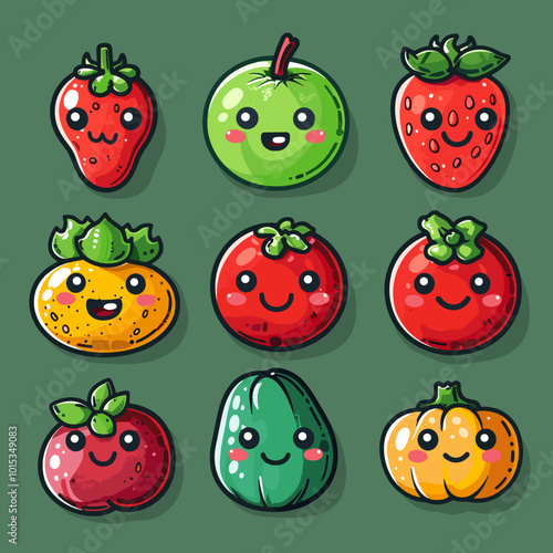 A cartoon drawing of fruits and vegetables. Cute Cartoon icon character simple vector illustration