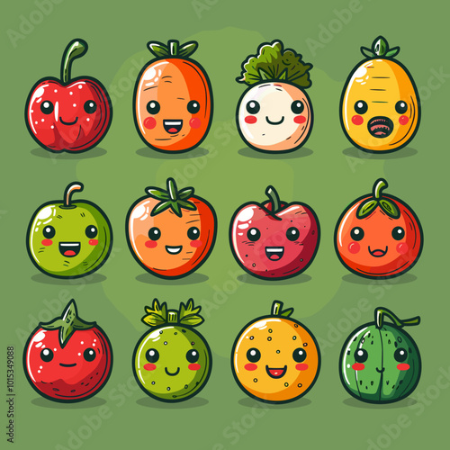 A cartoon drawing of fruits and vegetables. Cute Cartoon icon character simple vector illustration