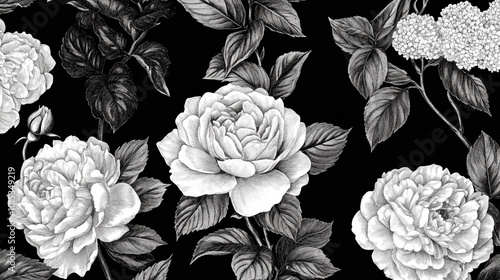 "Flowers featuring organic shapes on a seamless background create a simple abstract floral pattern. This modern design in black and white is perfect for textile design, wallpaper, cards, posters,
