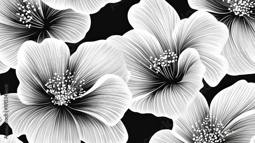 "Flowers featuring organic shapes on a seamless background create a simple abstract floral pattern. This modern design in black and white is perfect for textile design, wallpaper, cards, posters,