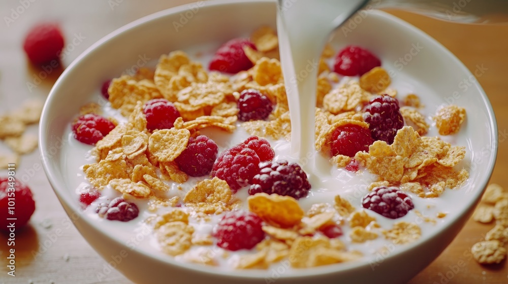 Bowl of cereal flakes with fruits berries and milk breakfast composition background Bowl of cereal flakes with fruits berries and milk breakfast composition background