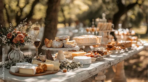 Panel kuchenny z motywem Elegant outdoor dessert and cheese spread.