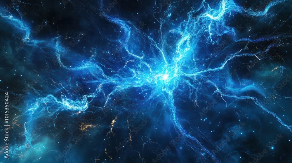 An abstract representation of a neural network with electric blue lights and dynamic energy sparks on a dark background. An abstract representation of a neural network with electric blue lights and dynamic energy sparks on a dark background.