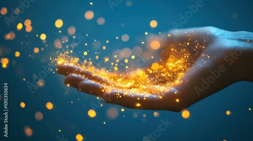 An open hand sticks out into the picture and golden sparks fly out of it, blue background