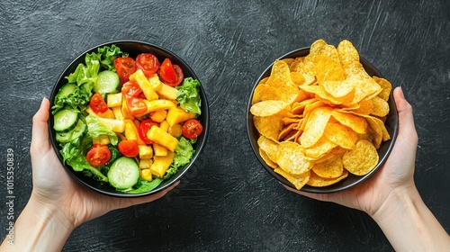 bowl of salad and bowl of chips healthy and junk food. Selective focus