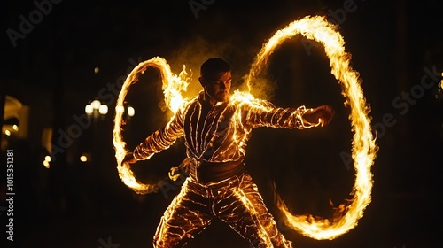 A skilled male performer showcases his fire manipulation skills in an outdoor performance. Clad in an LED suit, he dances with fire, creating intricate fiery shapes in the darkness.