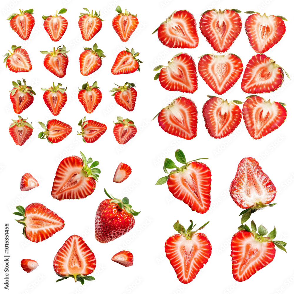 Collection of strawberries view side top front sliced halved cut isolated on transparent or white background Collection of strawberries view side top front sliced halved cut isolated on transparent or white background