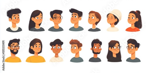 Cheerful, curious, happy people flat  illustration set. Men and women peeping, staring, smiling cartoon characters collection. Male and female portraits bundle. Adorable guys and girls, Generative AI