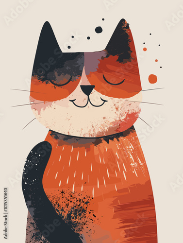 Black cat with orange eyes. Grunge background. Vector illustration.