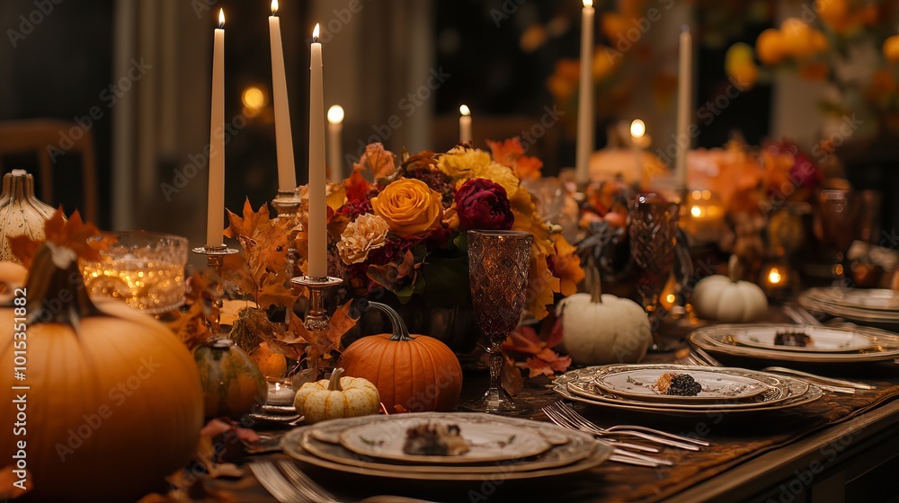 A Thanksgiving dinner table is decorated with autumn leaves, pumpkins, candles and flowers. It is a traditional gathering of friends and family to celebrate the holiday. A Thanksgiving dinner table is decorated with autumn leaves, pumpkins, candles and flowers. It is a traditional gathering of friends and family to celebrate the holiday.