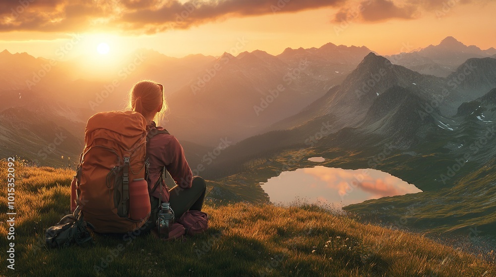 Hiker enjoying a sunset view over mountains. Hiker enjoying a sunset view over mountains.