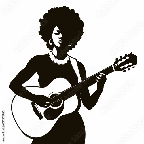 Black and white illustration of a woman playing guitar. Concept: music, art, woman, creativity, performance, guitar. Ideal for music, entertainment, and cultural representation.