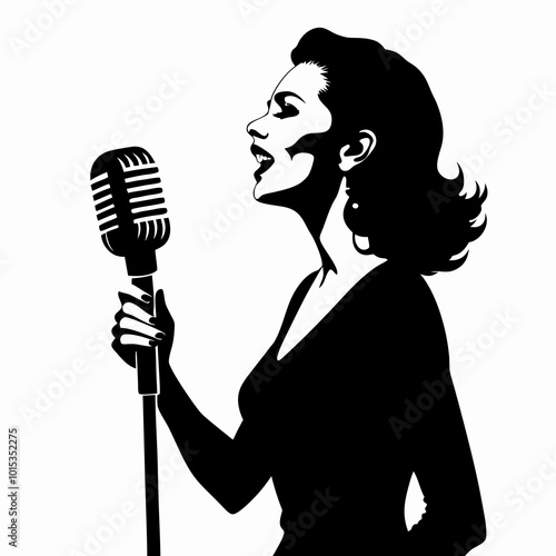 Silhouette of a woman passionately singing into a vintage microphone, copy space.