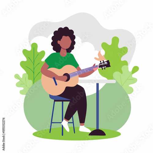 Cheerful illustration of a woman playing guitar outdoors, relaxed design, green foliage