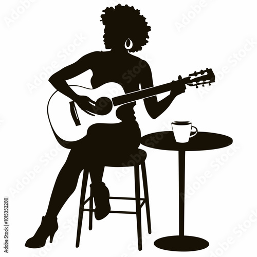 Silhouette of African American woman playing guitar while sitting on a stool with coffee cup, copy space.
