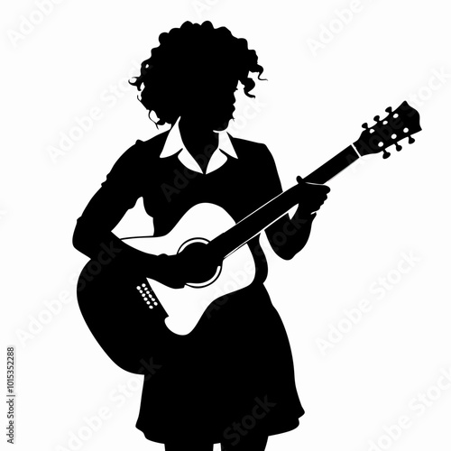 Woman playing acoustic guitar shown in black silhouette. Curly-haired musician in collared shirt and skirt evokes artistic expression. Concept: music education, performance arts, entertainment service