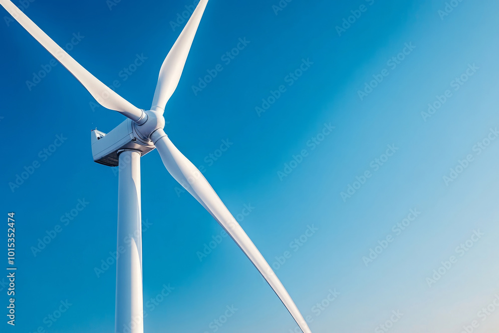 Large wind turbine with blades spinning against a blue sky Large wind turbine with blades spinning against a blue sky