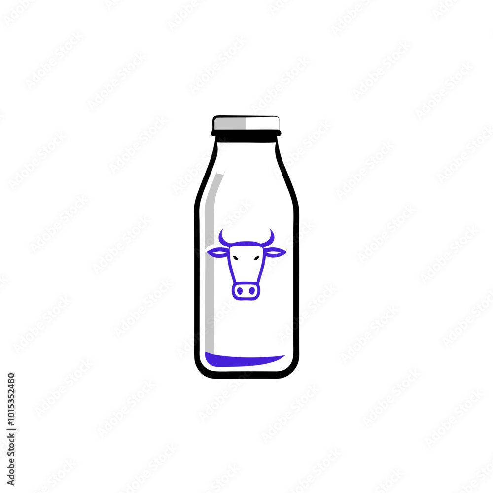 Milk bottle with cow face illustration in minimalist design on white background Milk bottle with cow face illustration in minimalist design on white background