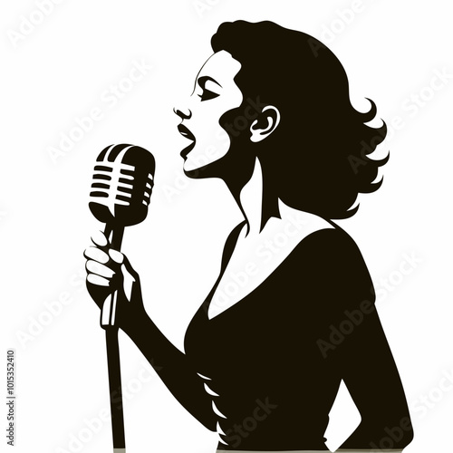 Stylish woman singing passionately into a vintage microphone with an intense expression on a light background