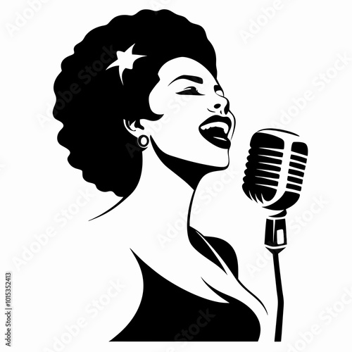 Expressive illustration of a woman singing into a vintage microphone, star accessory, black and white
