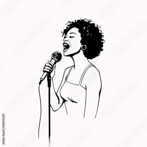 Stylish illustration of a woman passionately singing into a microphone, expressive design, black and white