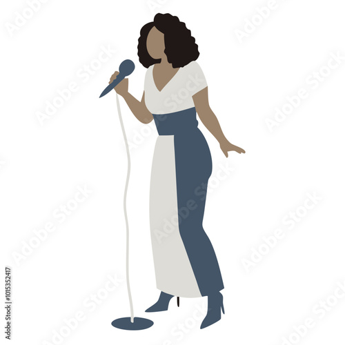 Minimalist illustration of a woman singing into a microphone, elegant design, two-tone outfit
