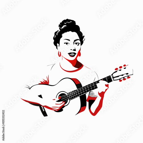 Stylized illustration of a woman playing guitar and singing, bold design, black and red accents
