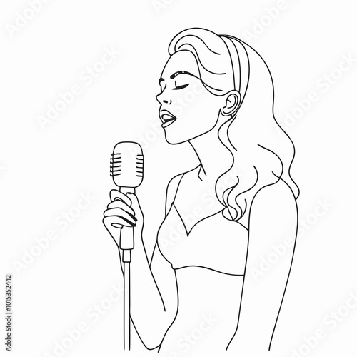 Woman singing gently into a vintage microphone with a graceful pose and elegant hairstyle on a white background
