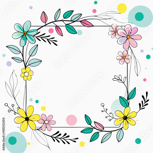 Charming floral frame with colorful flowers and playful circles, vibrant illustration, copy space
